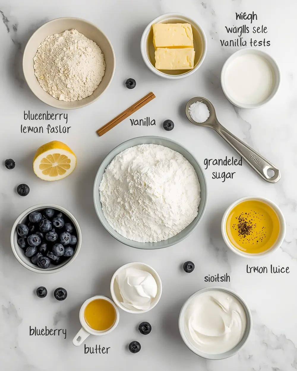 Ingredients for blueberry lemon pound cake cozy