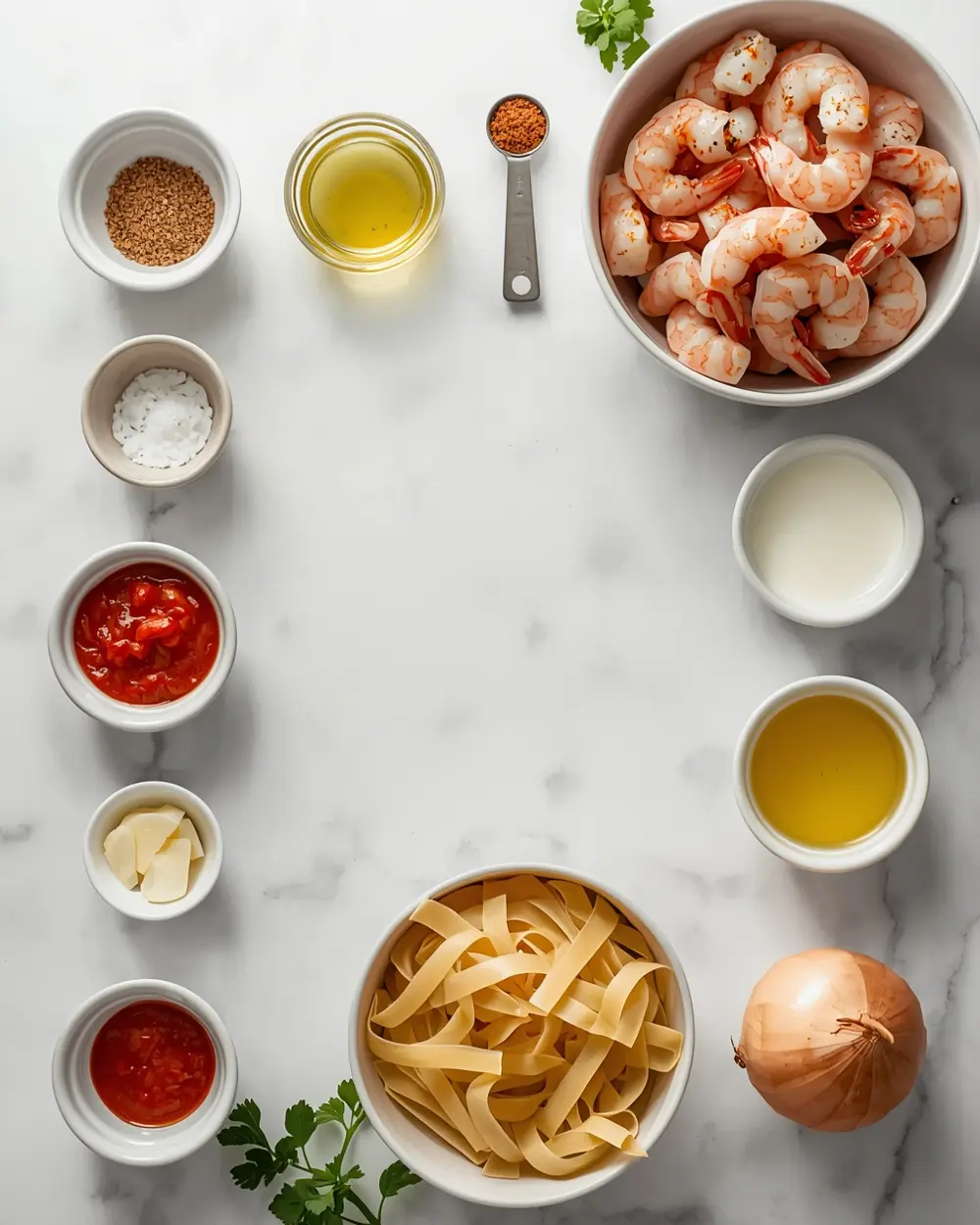 Ingredients for creamy cajun shrimp pasta cozy