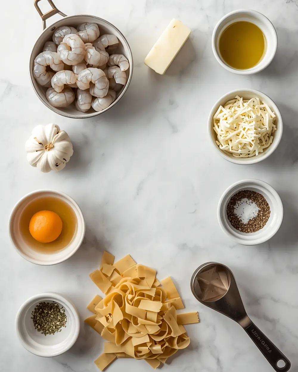 Ingredients for creamy garlic shrimp pasta cozy recipe