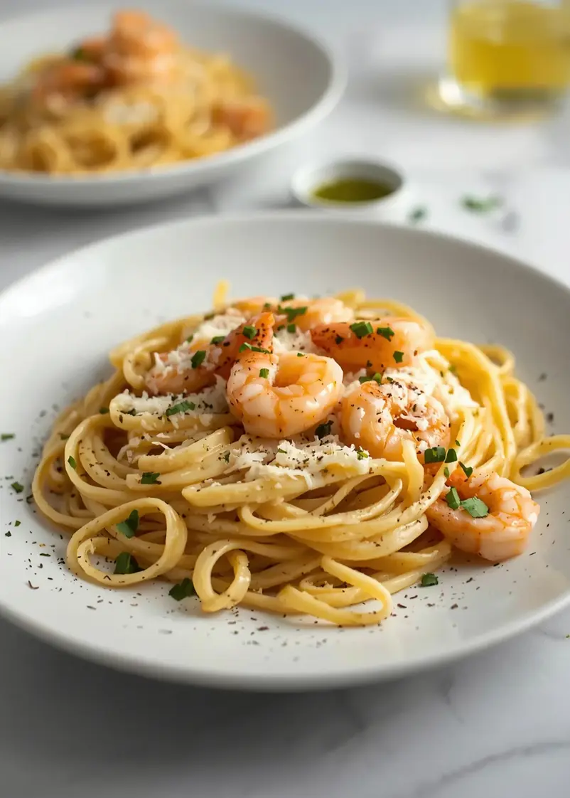 creamy garlic shrimp pasta cozy ready to serve