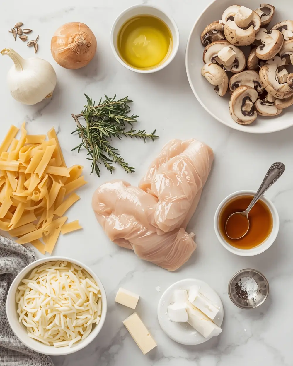 Ingredients for creamy mushroom chicken pasta cozy
