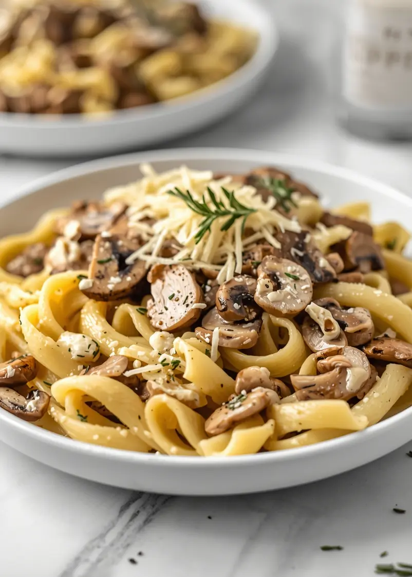 creamy mushroom chicken pasta cozy ready to serve