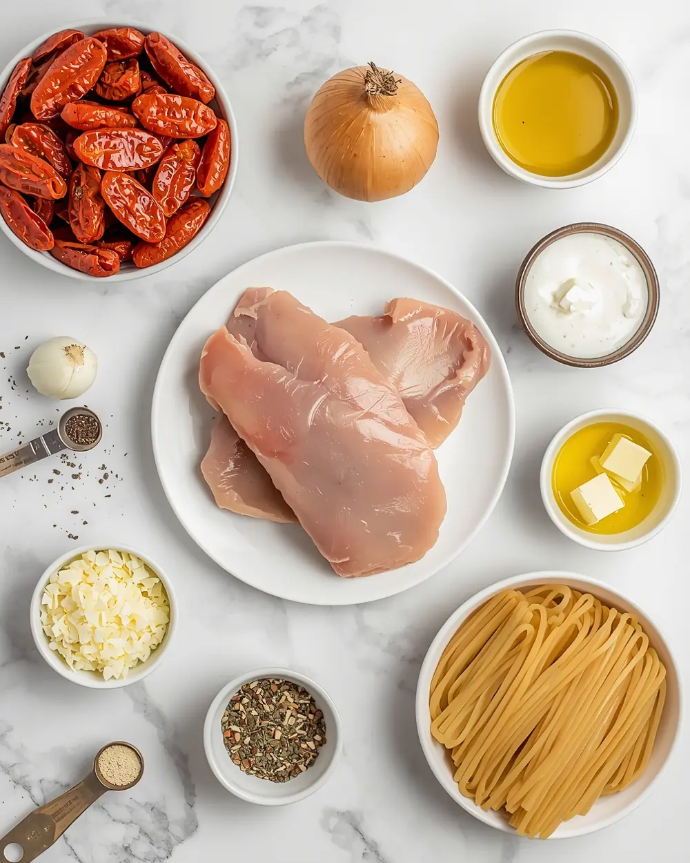 Ingredients for creamy sun dried tomato chicken cozy
