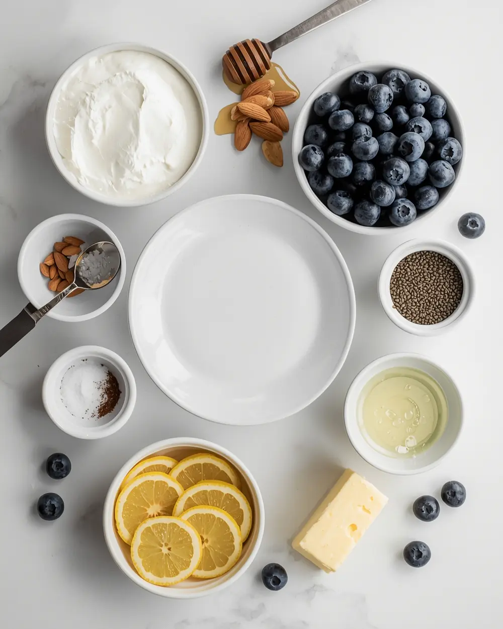 Ingredients for frozen blueberry yogurt bark cozy