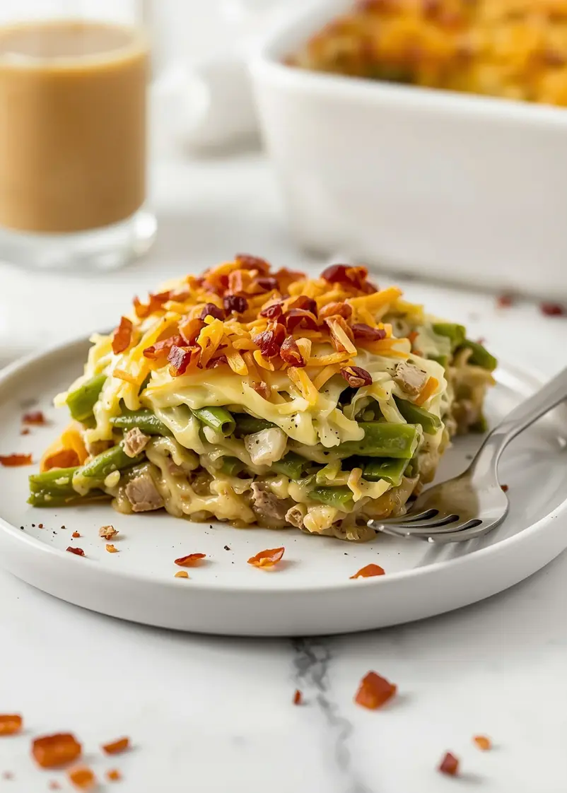 green bean casserole cozy Thanksgiving ready to serve