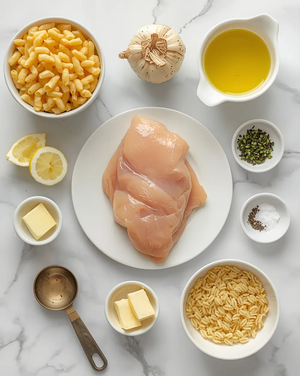 Ingredients for one pan lemon chicken orzo cozy