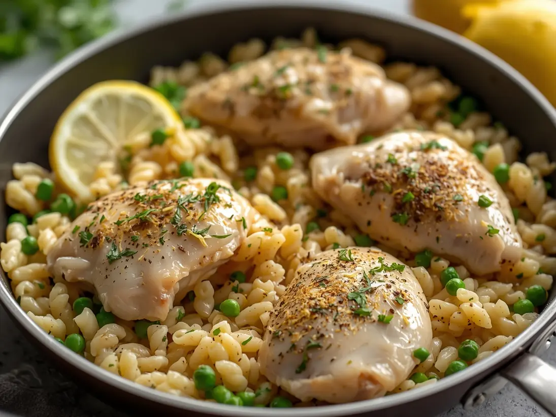 one pan lemon chicken orzo ready to serve