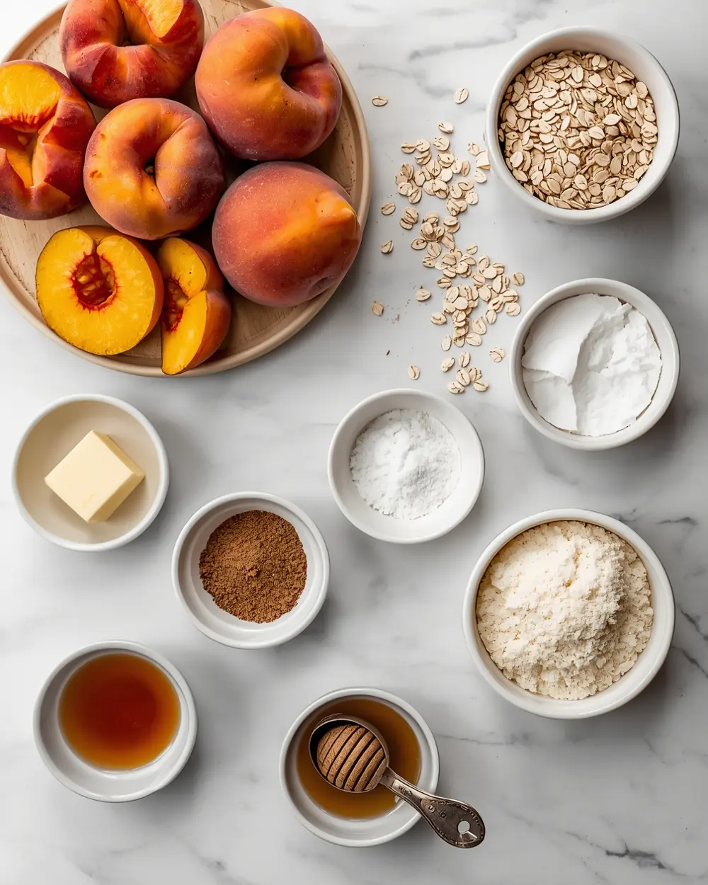 Ingredients for peach crumble oat cozy warm
