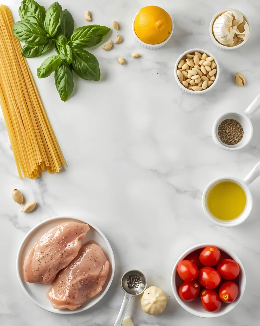 Ingredients for pesto chicken pasta cozy recipe