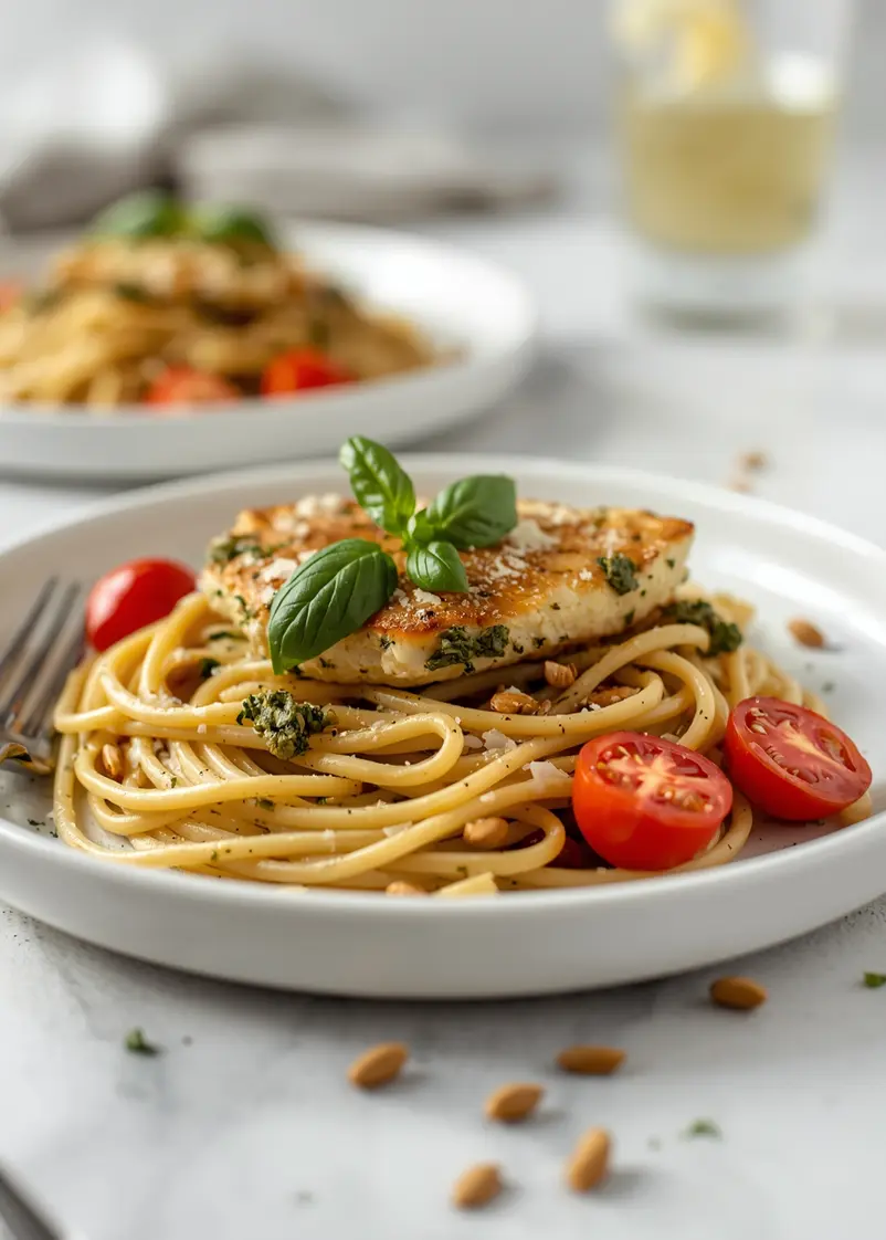 pesto chicken pasta cozy recipe ready to serve