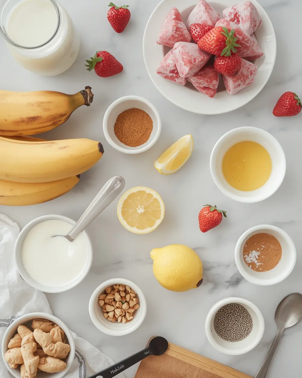 Ingredients for strawberry banana nice cream cozy