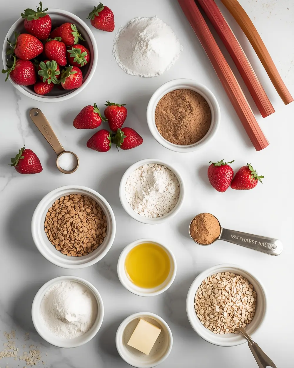 Ingredients for strawberry rhubarb crisp cozy
