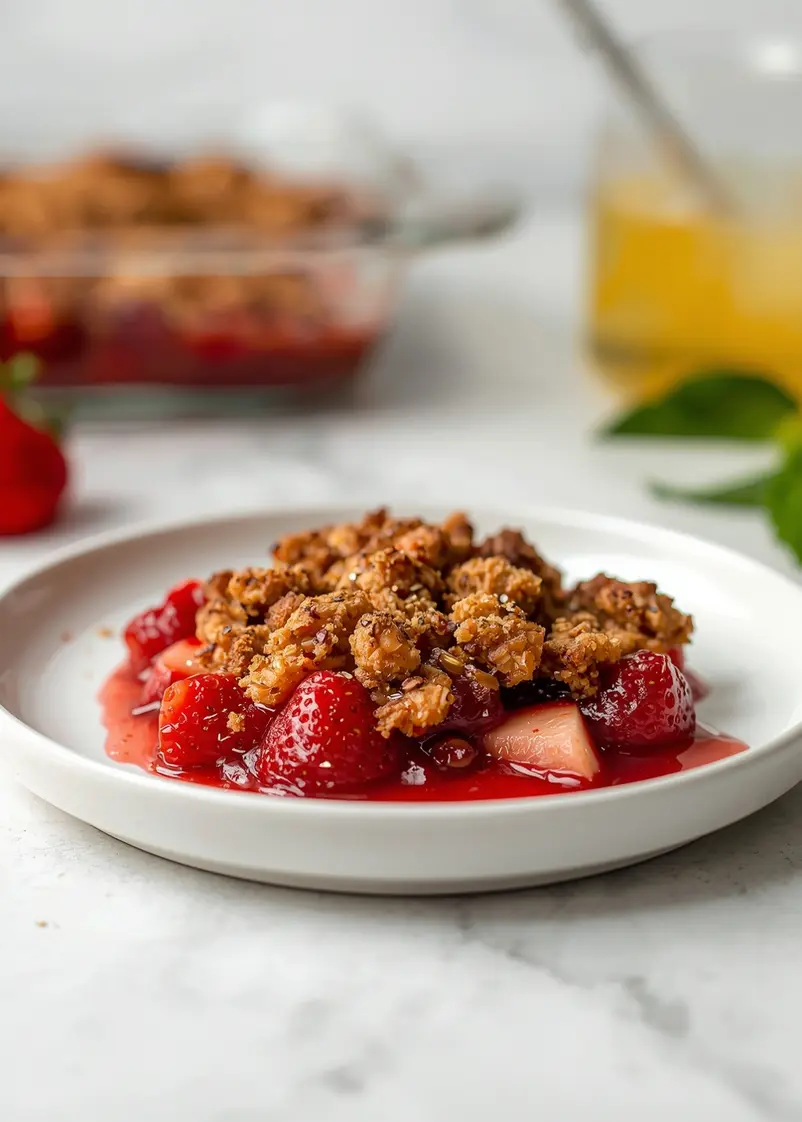 strawberry rhubarb crisp cozy ready to serve