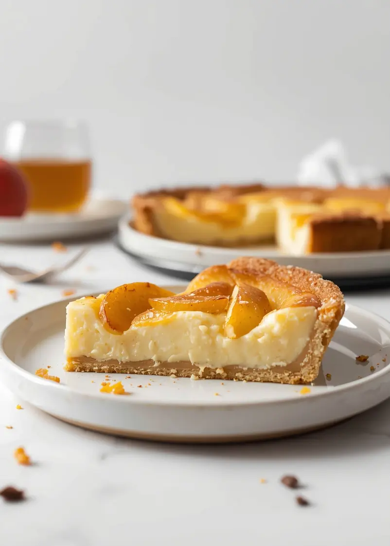 white peach custard tart cozy ready to serve