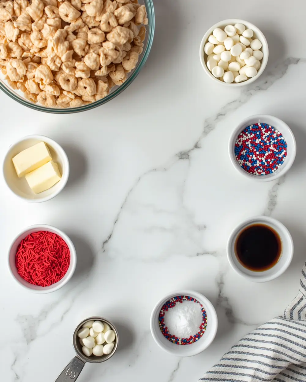 Ingredients for 4th of july rice krispie treats cozy
