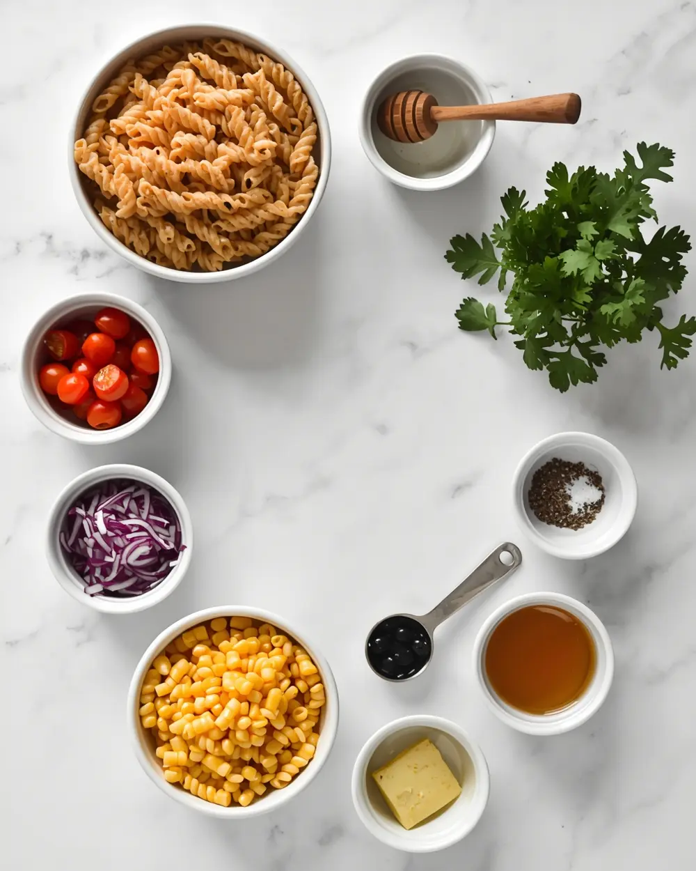 Ingredients for cozy BBQ pasta salad summer
