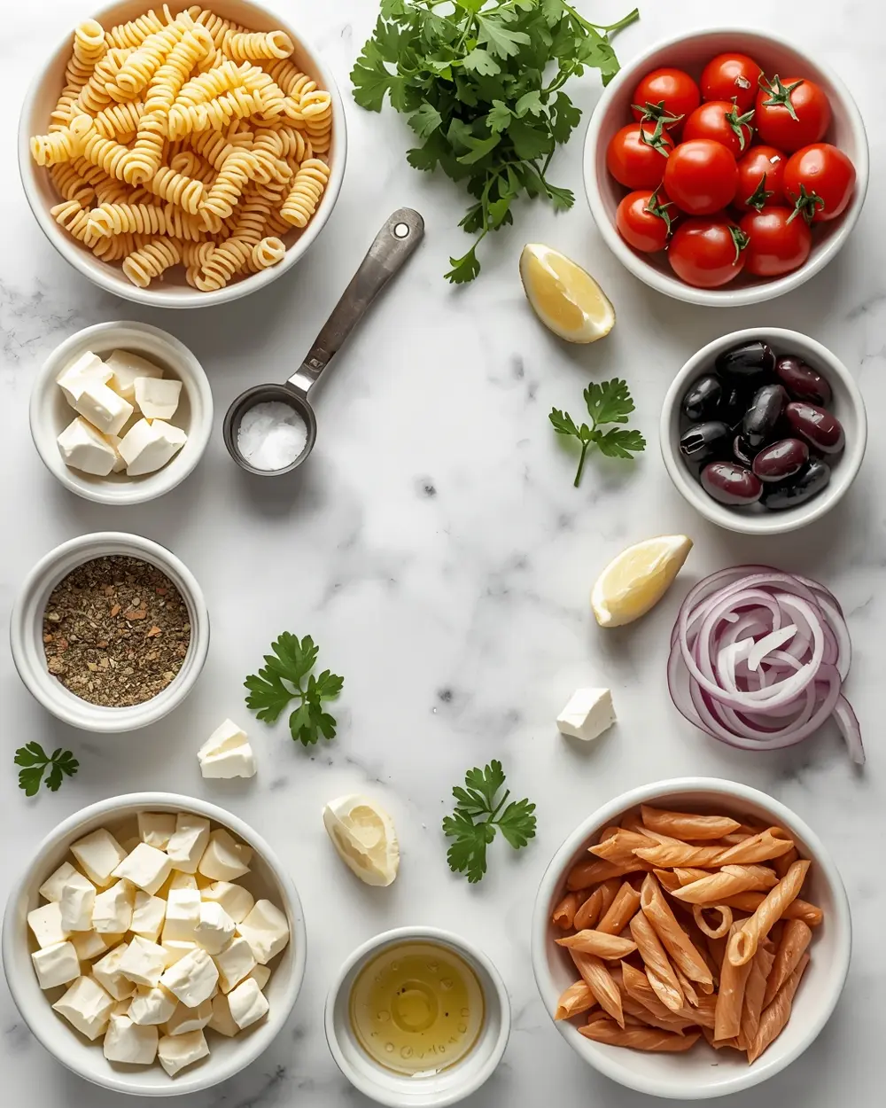 Ingredients for cozy Italian pasta salad summer