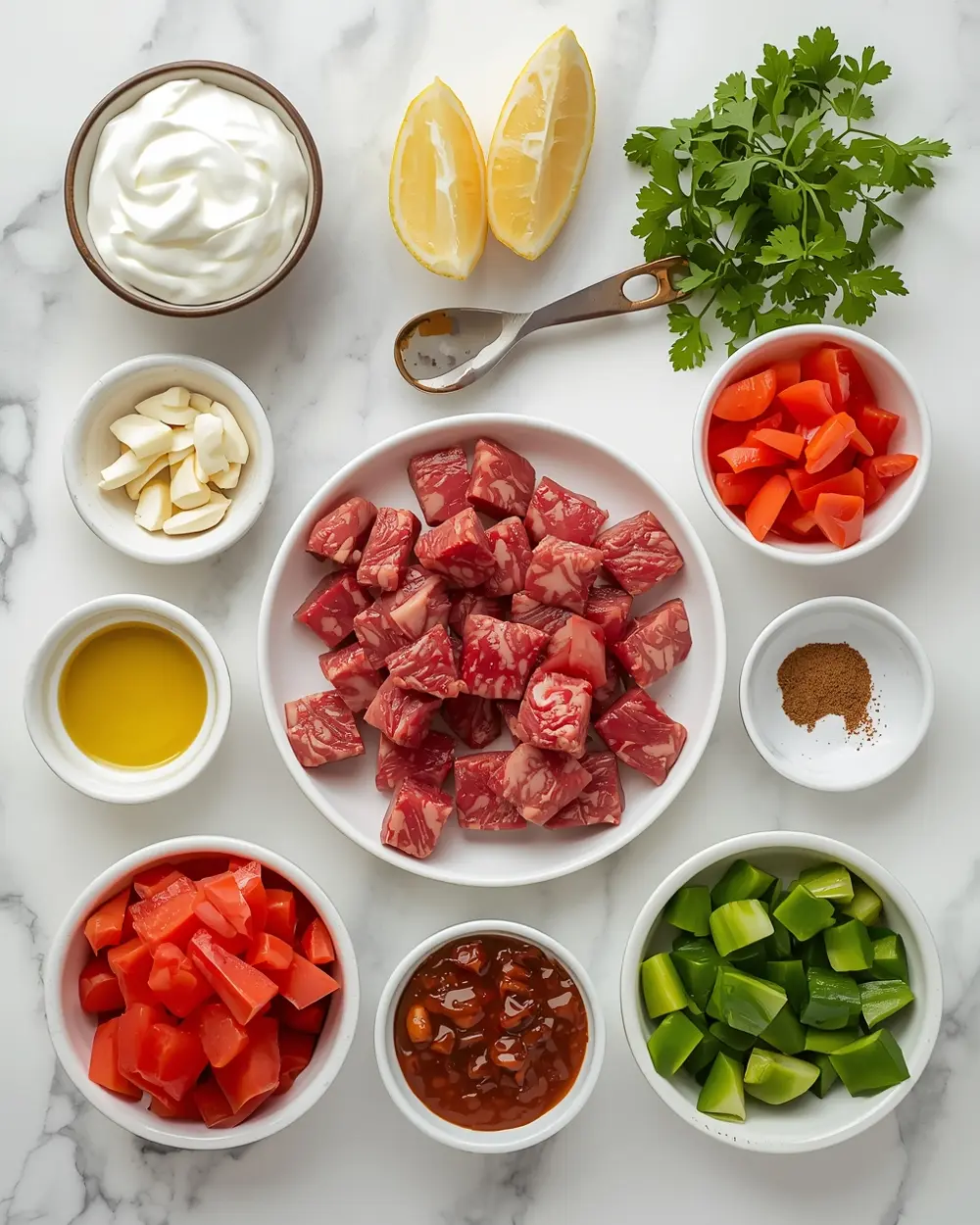 Ingredients for cozy beef kabobs summer grilling