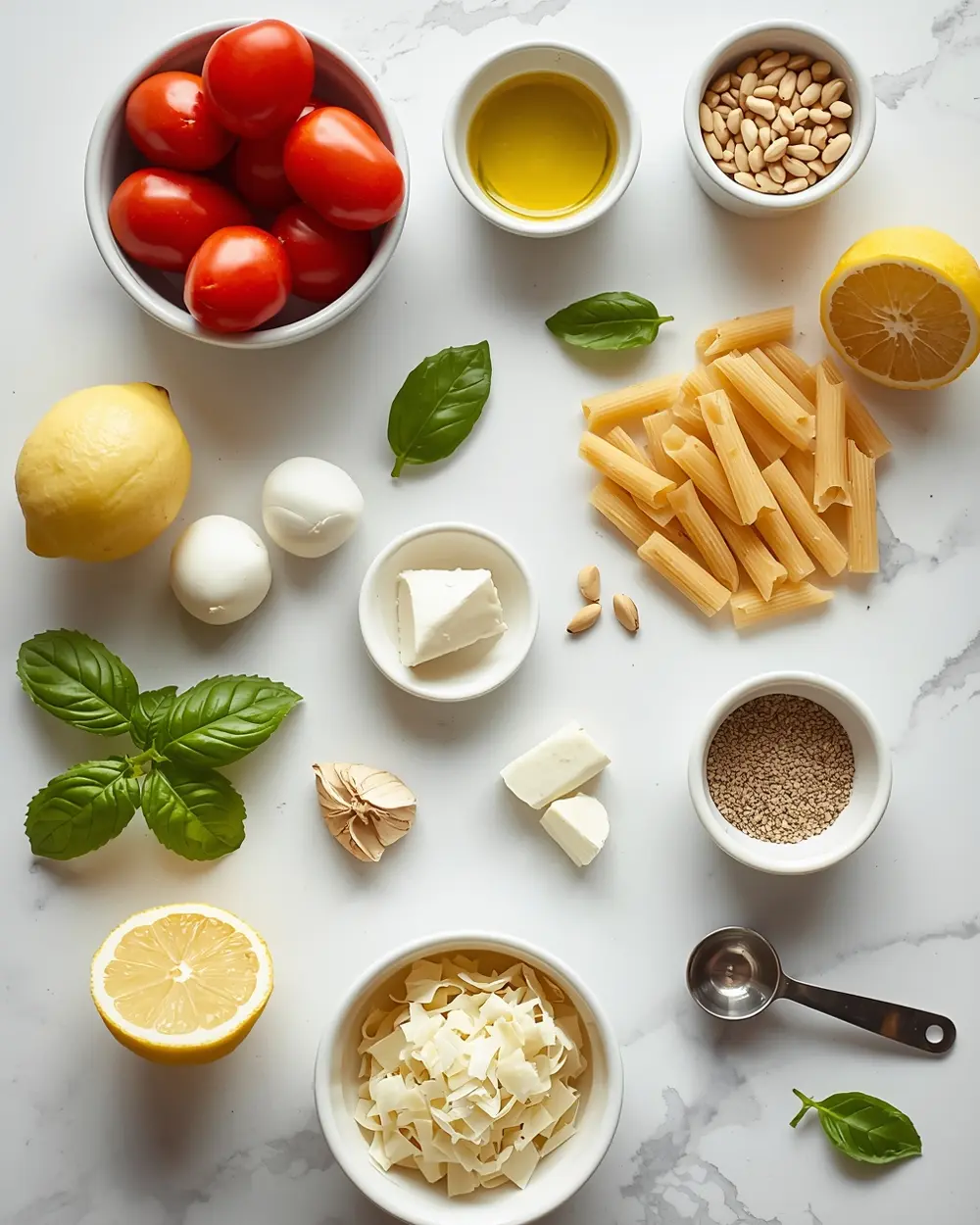 Ingredients for cozy caprese pasta salad summer