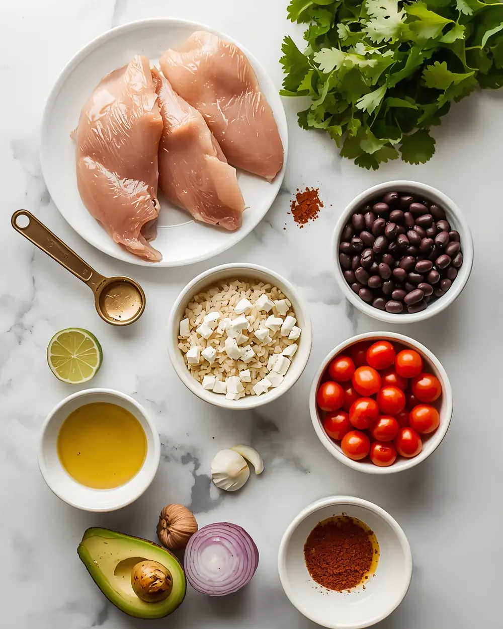 Ingredients for cozy chicken avocado bowl summer