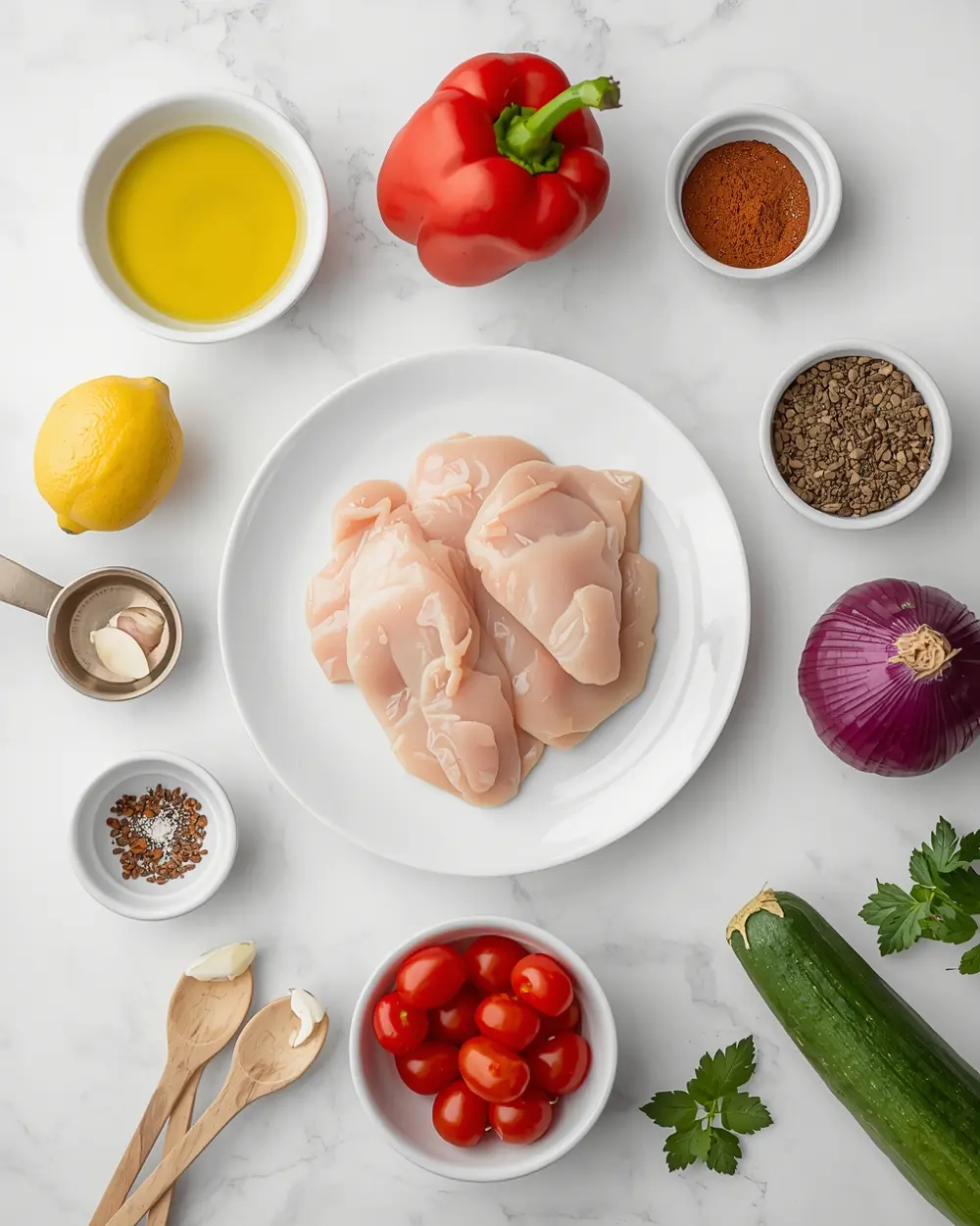 Ingredients for cozy chicken vegetable skewers summer