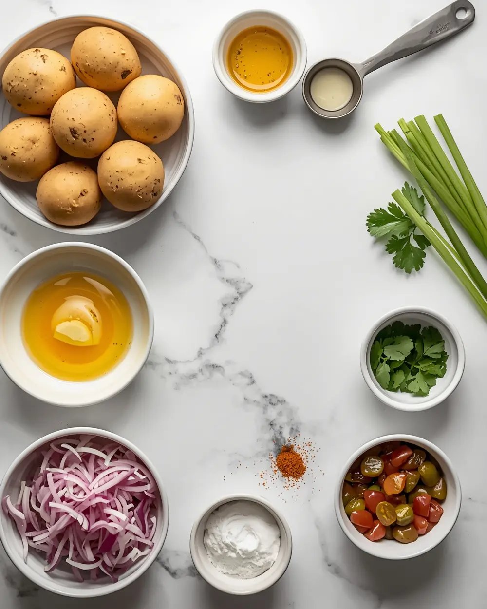 Ingredients for cozy classic potato salad summer