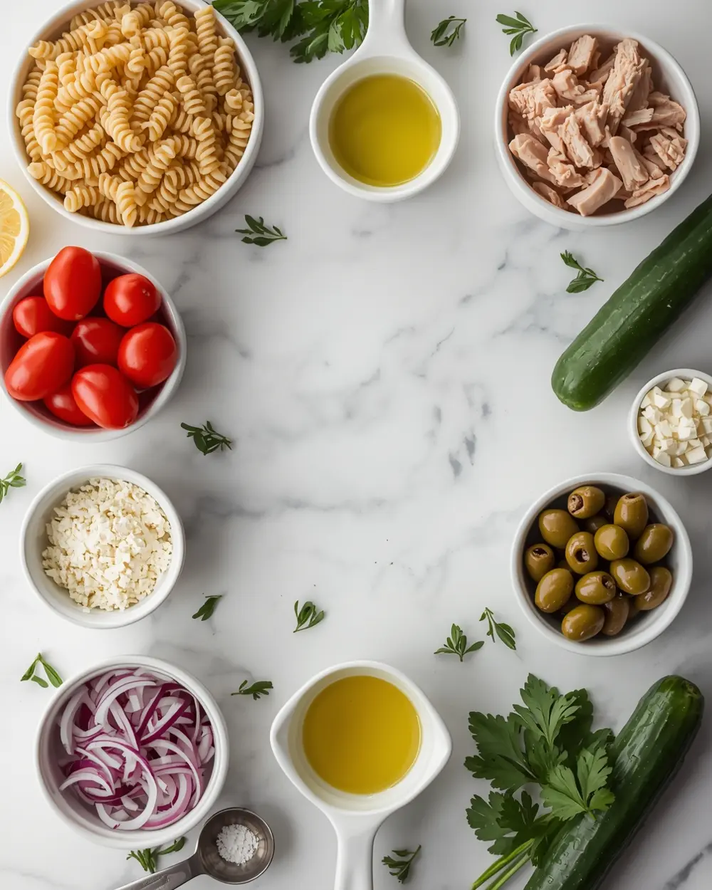 Ingredients for cozy cold chicken pasta salad summer