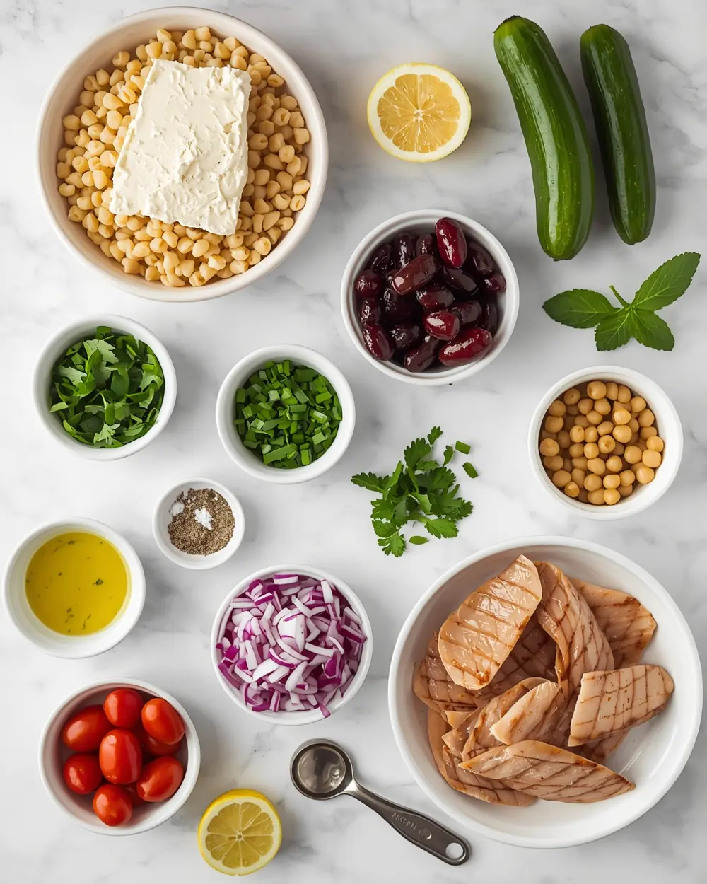 Ingredients for cozy cold orzo salad summer