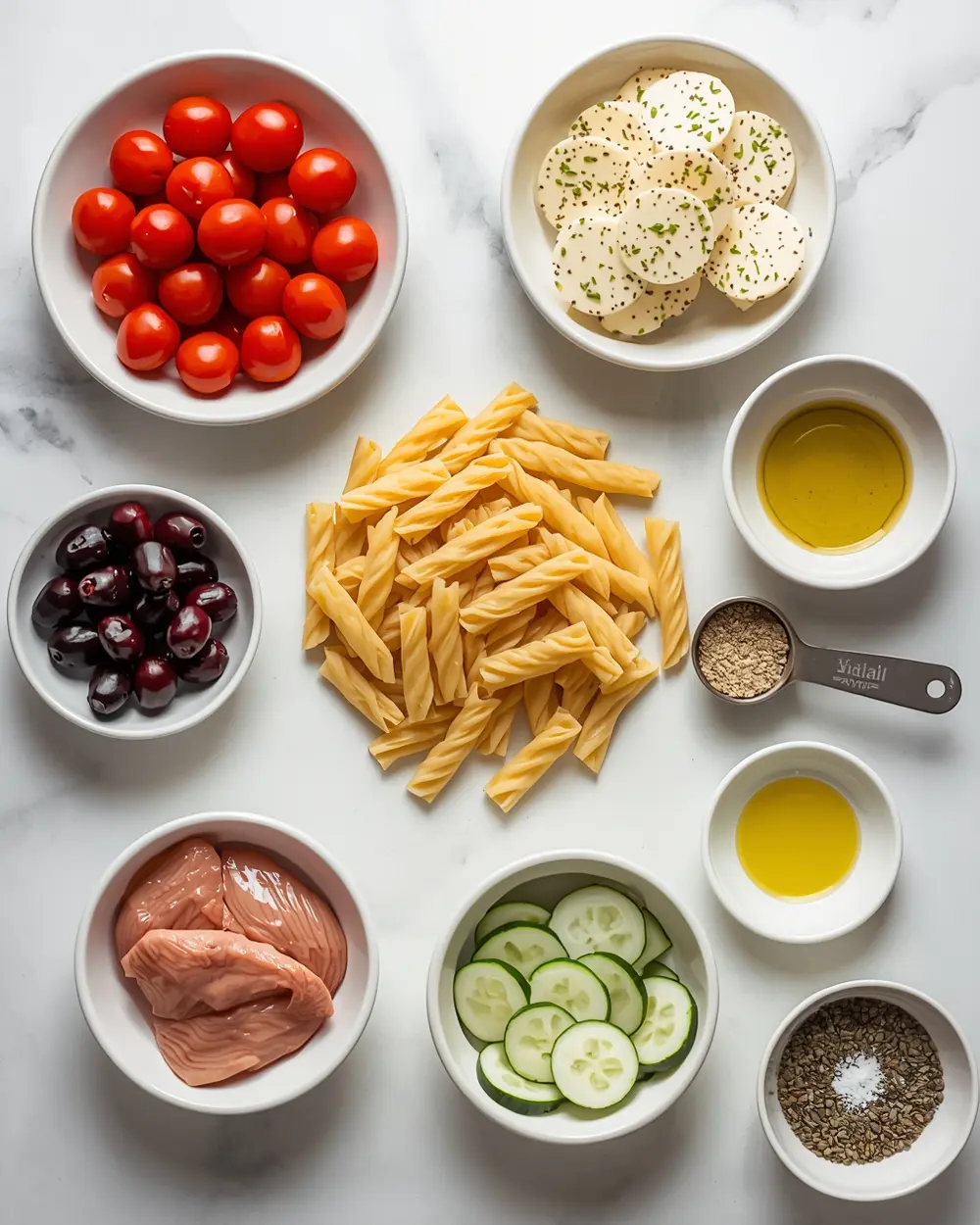 Ingredients for cozy cold pasta salad summer