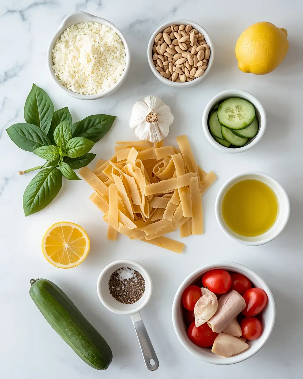Ingredients for cozy cold pesto pasta summer