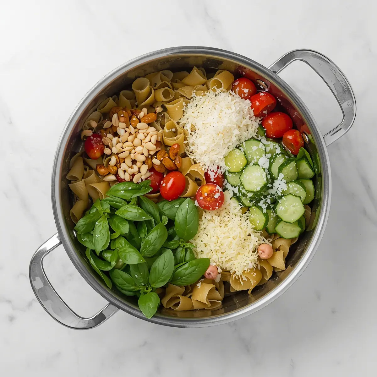 Cooking instructions for cozy cold pesto pasta summer
