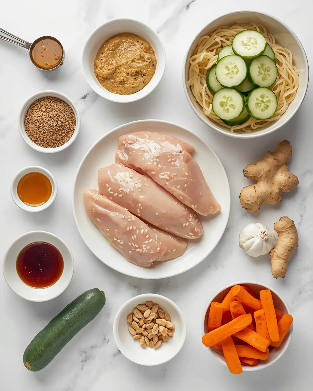 Ingredients for cozy cold sesame noodles chicken summer