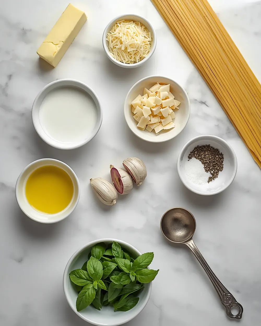 Ingredients for cozy creamy garlic pasta summer