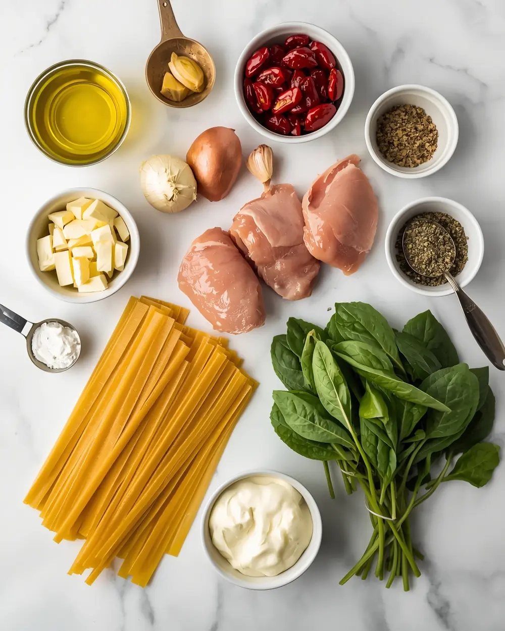 Ingredients for cozy creamy tuscan pasta summer