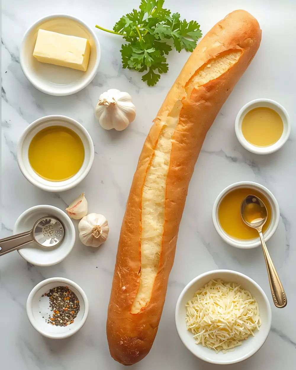 Ingredients for cozy grilled garlic bread summer