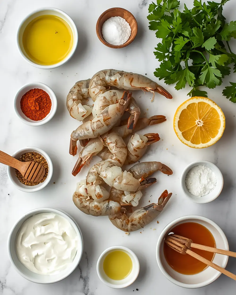 Ingredients for cozy grilled shrimp skewers summer
