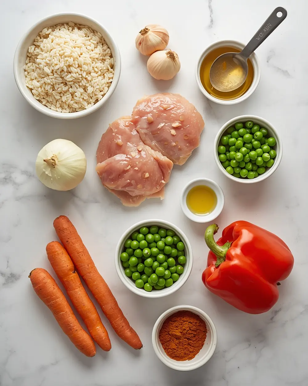 Ingredients for cozy one pan chicken rice summer