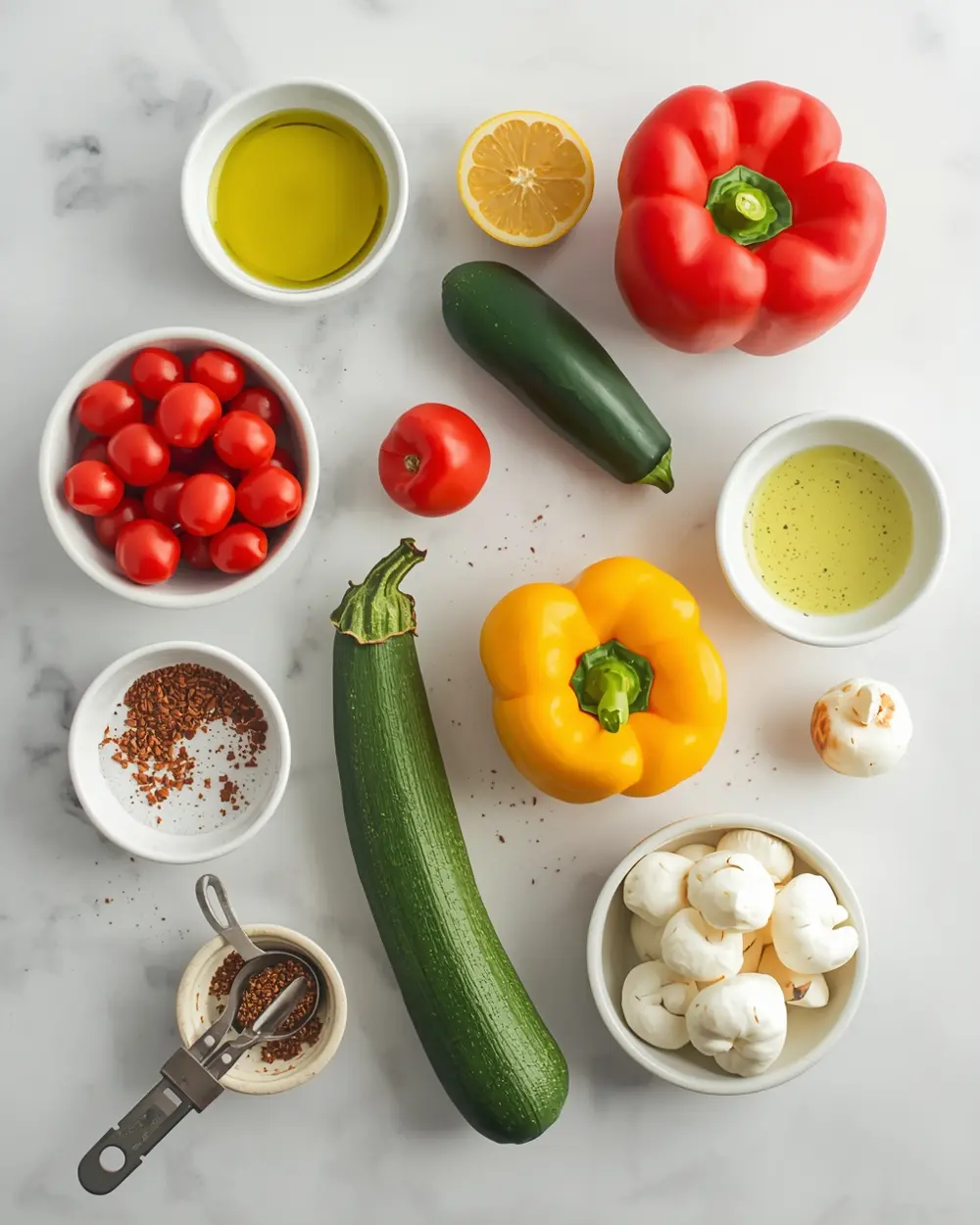 Ingredients for cozy rainbow vegetable skewers summer