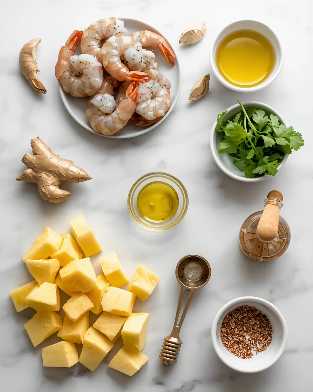 Ingredients for cozy shrimp pineapple skewers summer