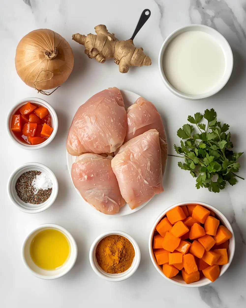 Ingredients for cozy slow cooker chicken curry summer