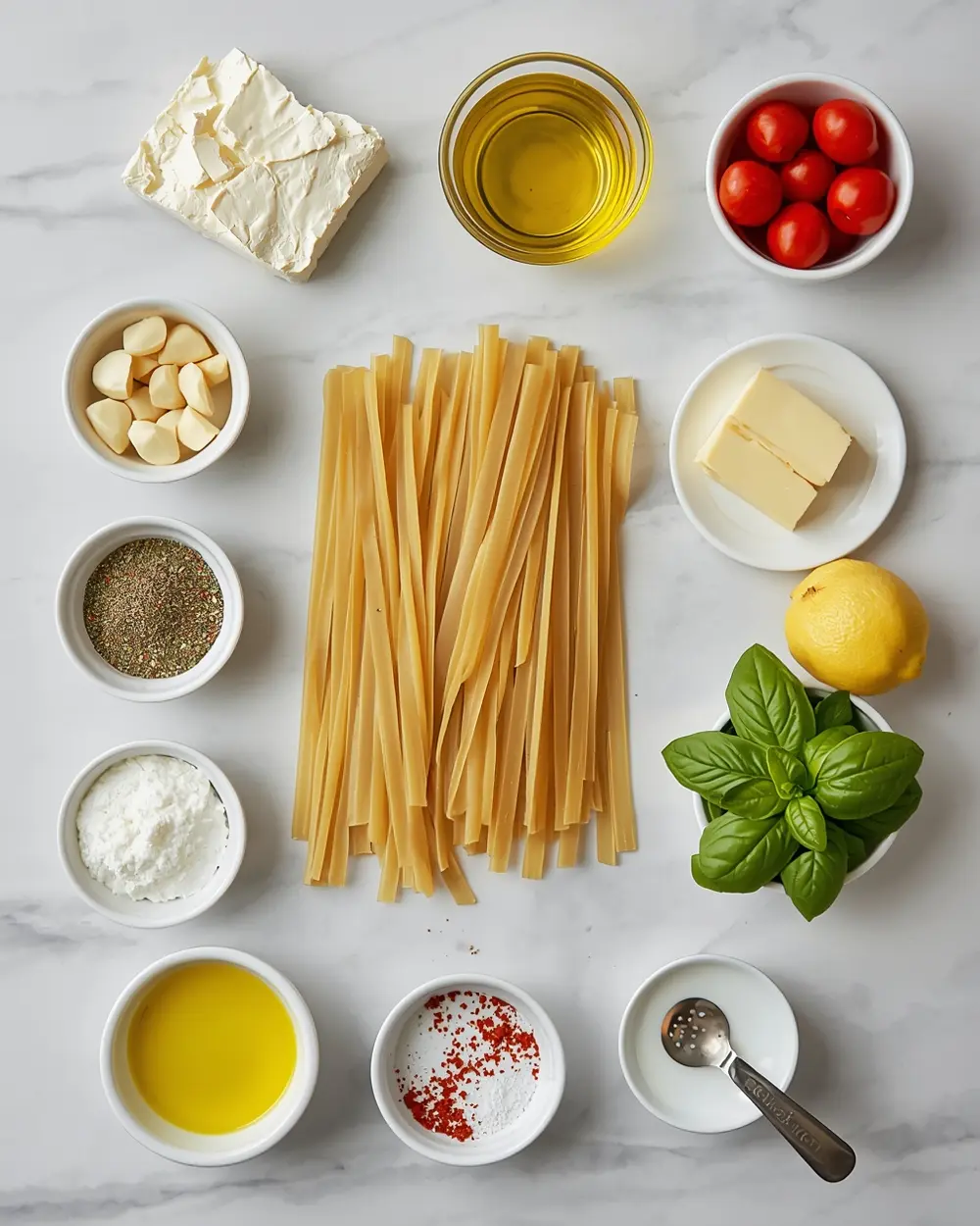 Ingredients for cozy summer baked feta pasta
