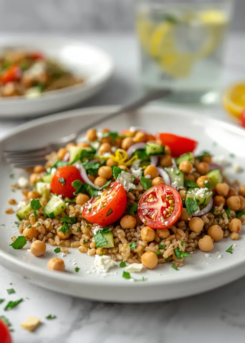 cozy summer farro salad ready to serve