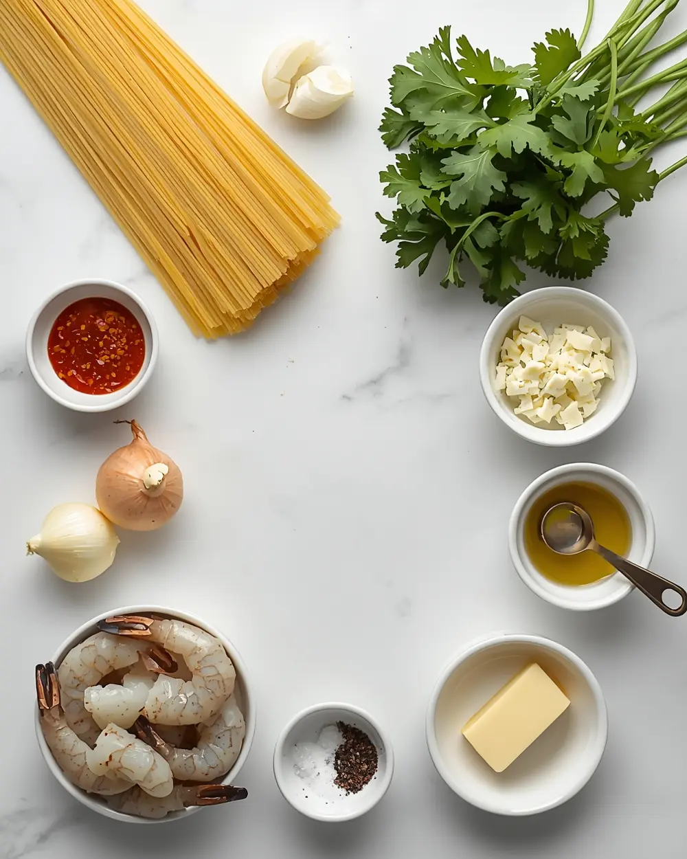 Ingredients for cozy summer shrimp pasta