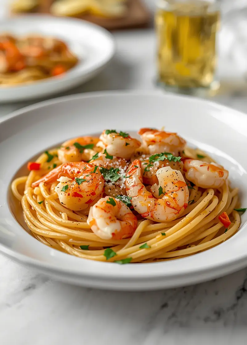 cozy summer shrimp pasta ready to serve