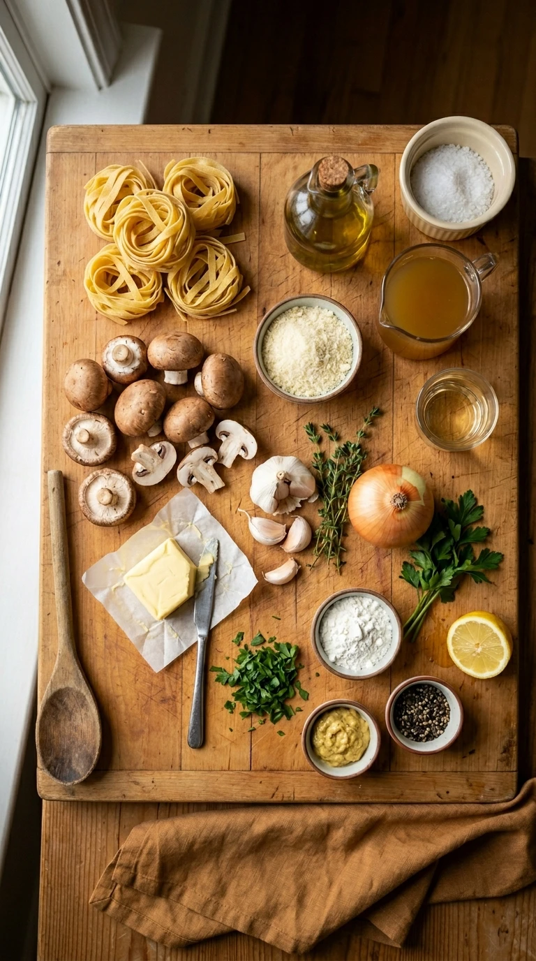 Ingredients for cozy creamy mushroom pasta summer