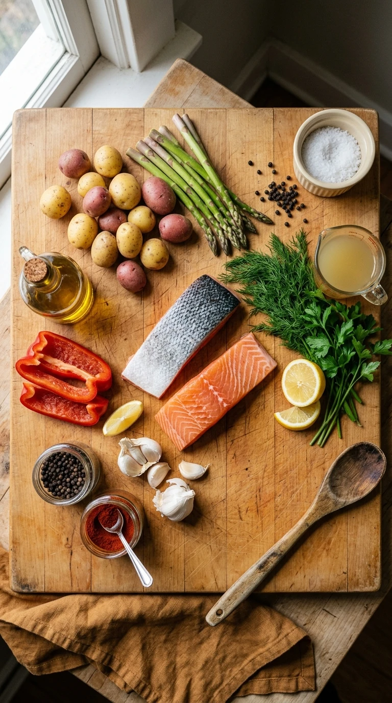 Ingredients for cozy sheet pan salmon summer dinner
