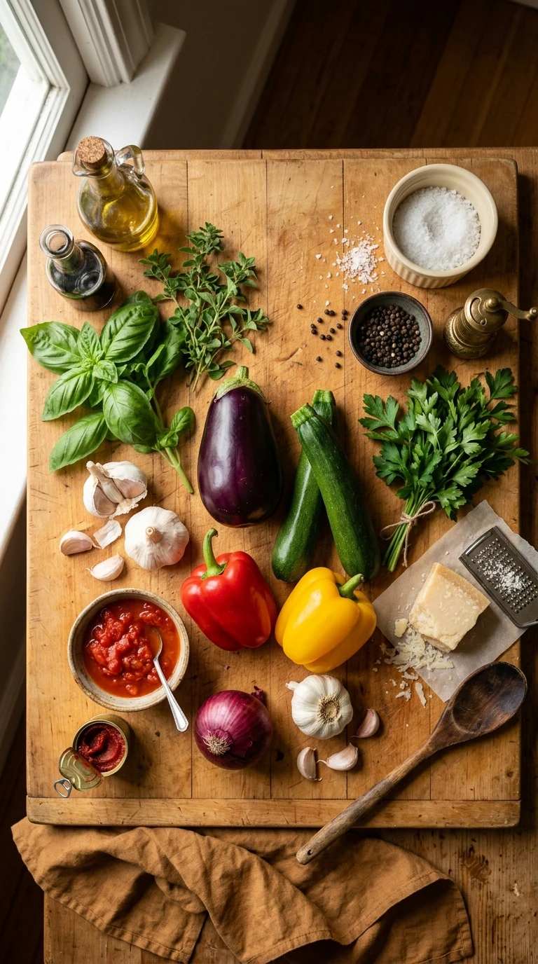 Ingredients for cozy sheet pan ratatouille summer