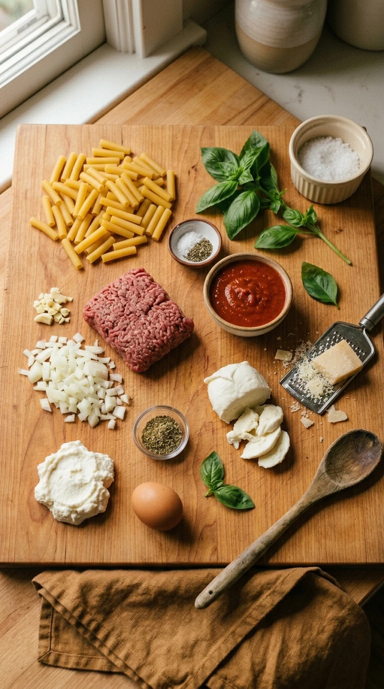 Ingredients for cozy baked ziti summer