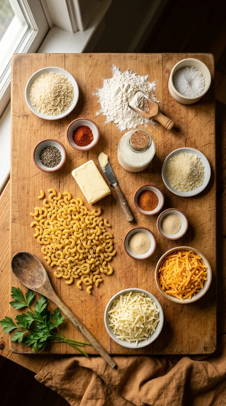 Ingredients for cozy summer mac and cheese baked