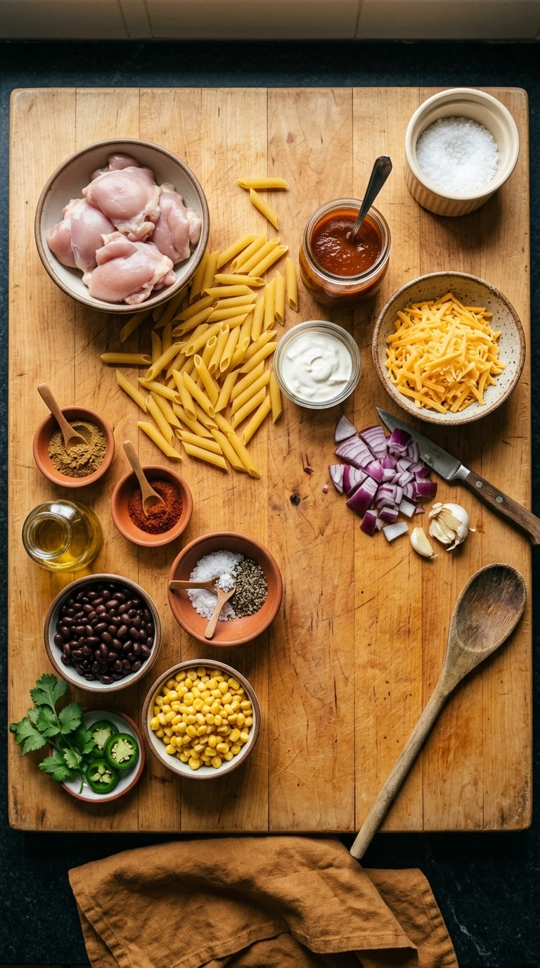 Ingredients for cozy summer chicken enchilada pasta